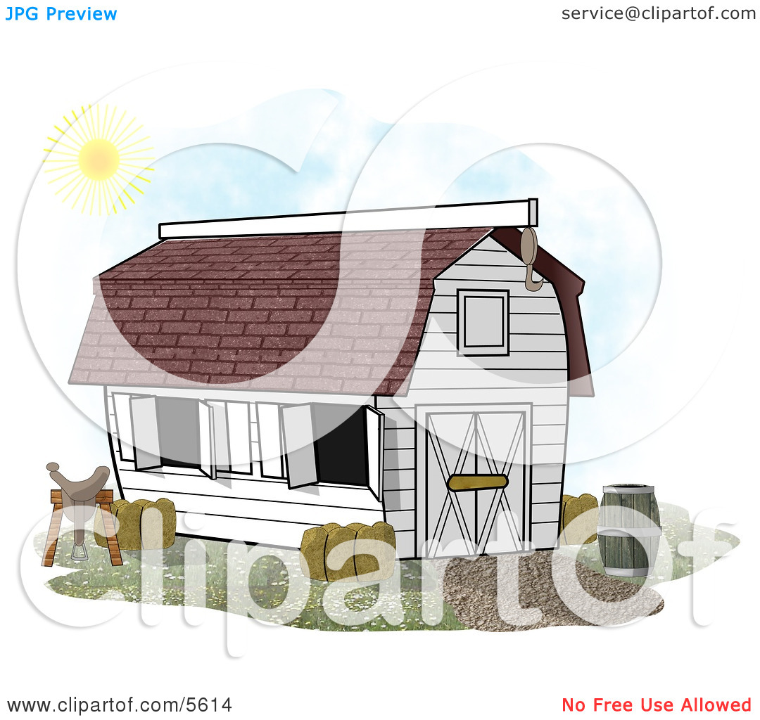 White Horse Stable Barn With A Barrel Saddle And Hay Clipart