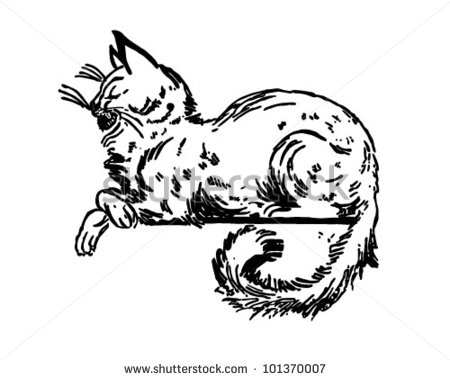 Cat Sitting On Ledge   Retro Clipart Illustration   101370007
