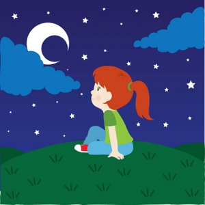 Night Clipart Image  A Little Girl Sitting On A Hill Under The Moon