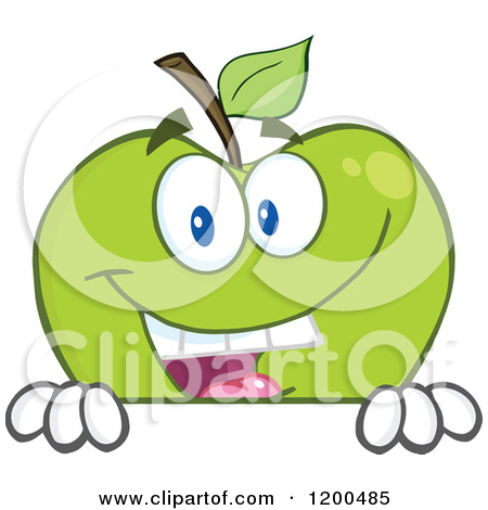     Smiling Green Apple Over A Sign Or Ledge   Royalty Free Vector Clipart
