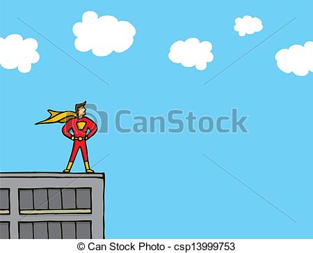 Vector   Superhero Standing On A Building Ledge   Stock Illustration
