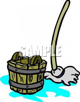 Cartoon Wooden Bucket And Mop   Royalty Free Clipart Picture