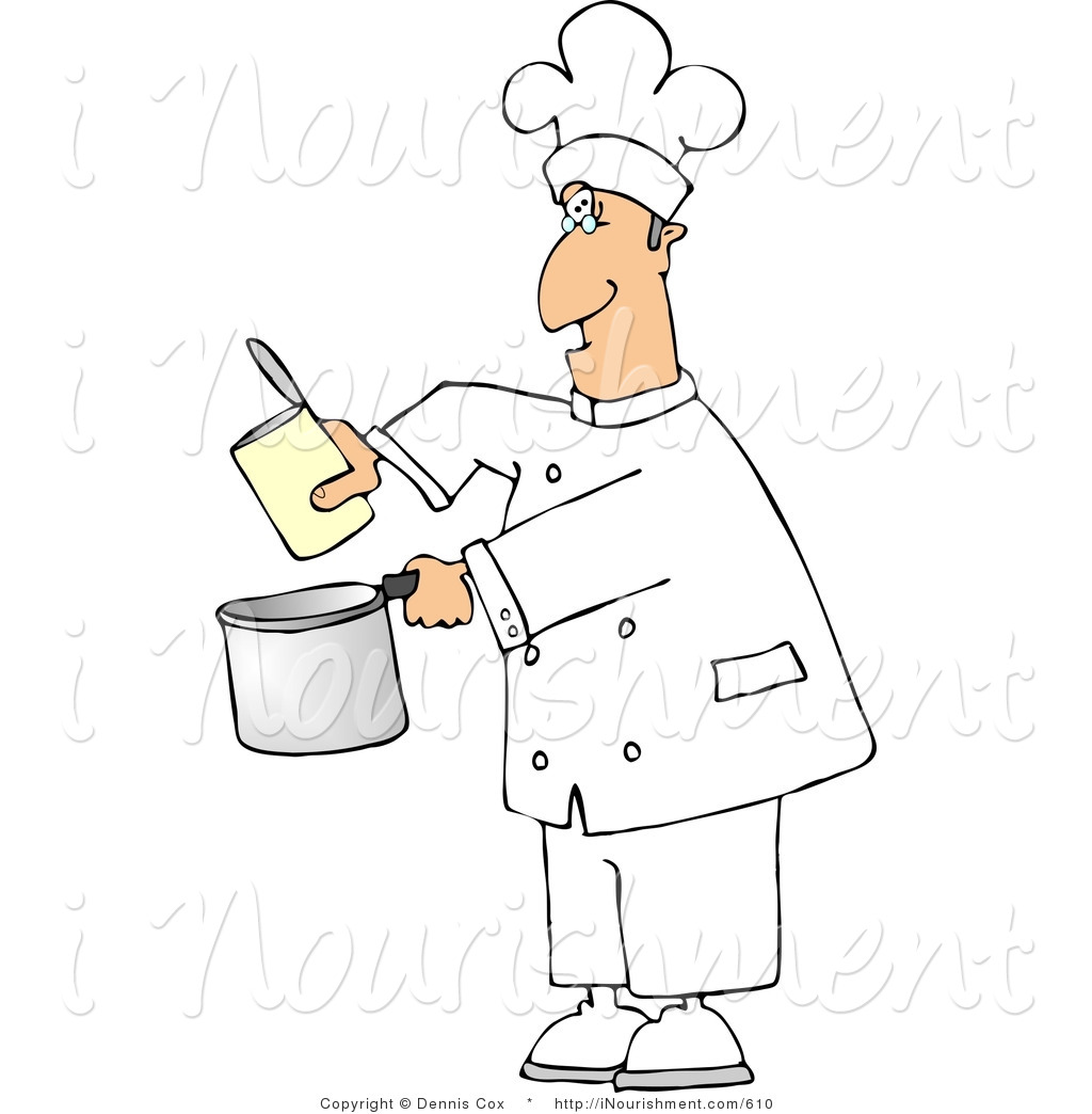 Clipart Of A Chef Pouring Food From An Open Can Into A Cooking Pot By
