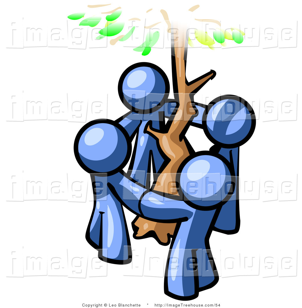 Clipart Of A Group Of Four Blue Men Standing In A Circle Around A Tree