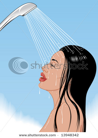 Woman Taking Shower Letting Warm Water Run Over Her Face And Skin    
