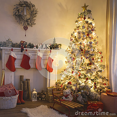 Beautiful Holdiay Decorated Room With Christmas Tree With Presents    