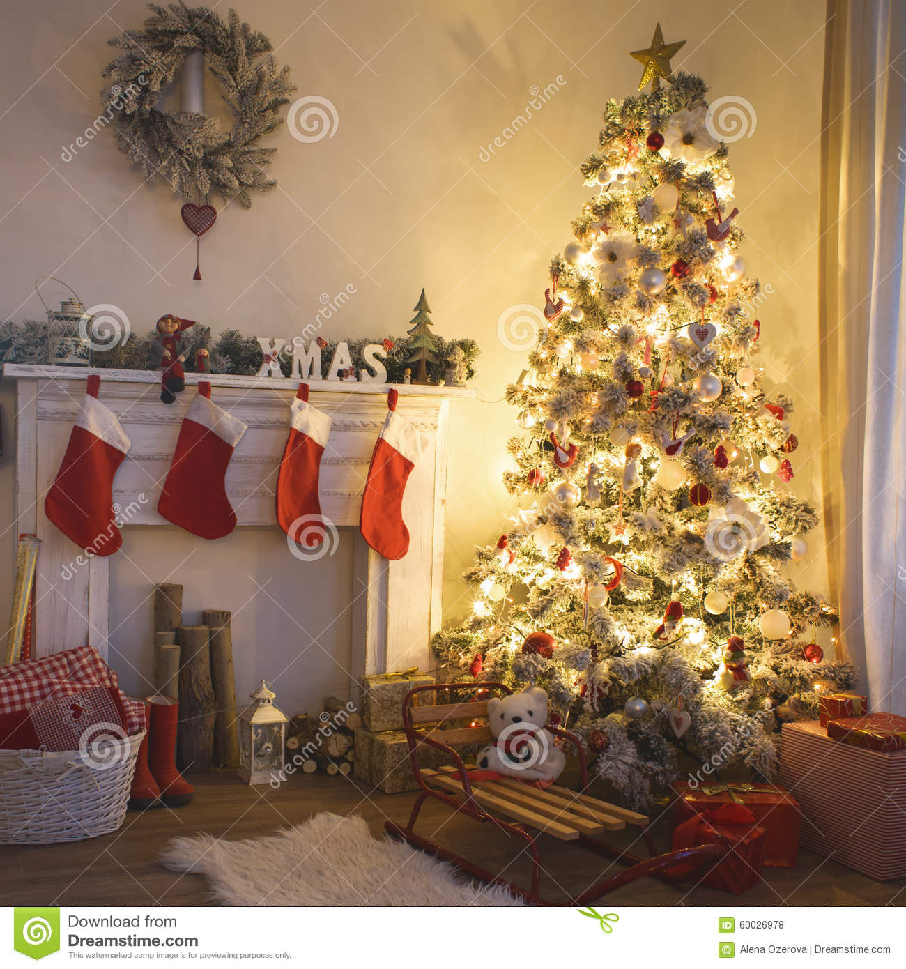 Beautiful Holdiay Decorated Room With Christmas Tree With Presents    
