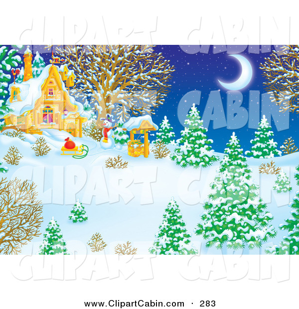 Clip Art Of A Cold Winter Wonderland Of Snow Flocked Evergreen And    
