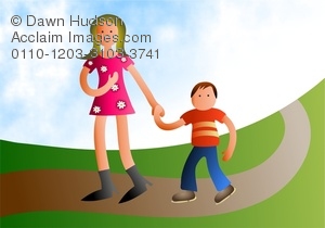 Clipart Illustration Of Young Mother Taking Little Son Out For A Walk