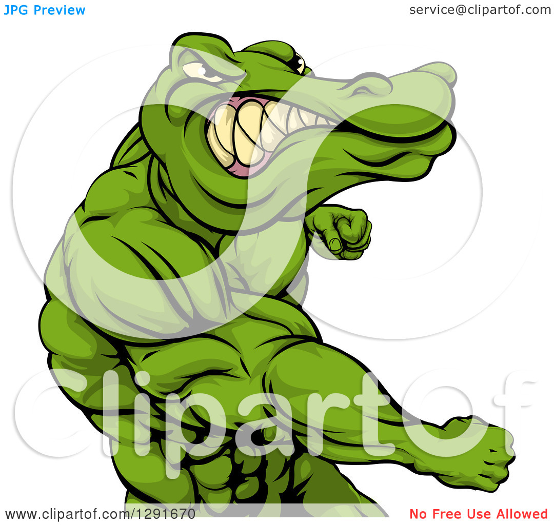 Clipart Of A Tough Muscular Crocodile Or Alligator Man Punching