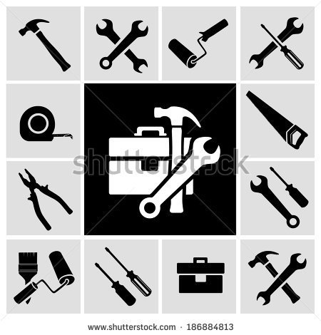 Collection Of Black House Maintenance Or Renovation Working Tools    
