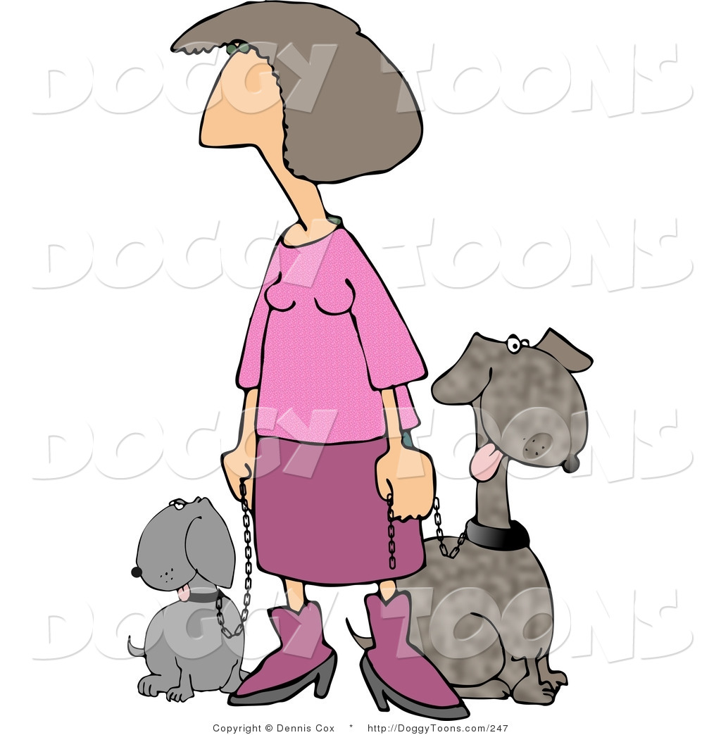 Doggy Clipart Of A Woman In Pink Taking Her Two Happy Dogs For A Walk