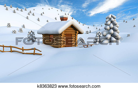 Drawing   Winter Log Cabin  Fotosearch   Search Clipart Illustration