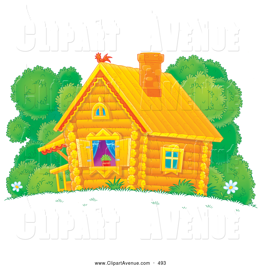 Larger Preview  Avenue Clipart Of A Cute Yellow Log Cabin With Blue    