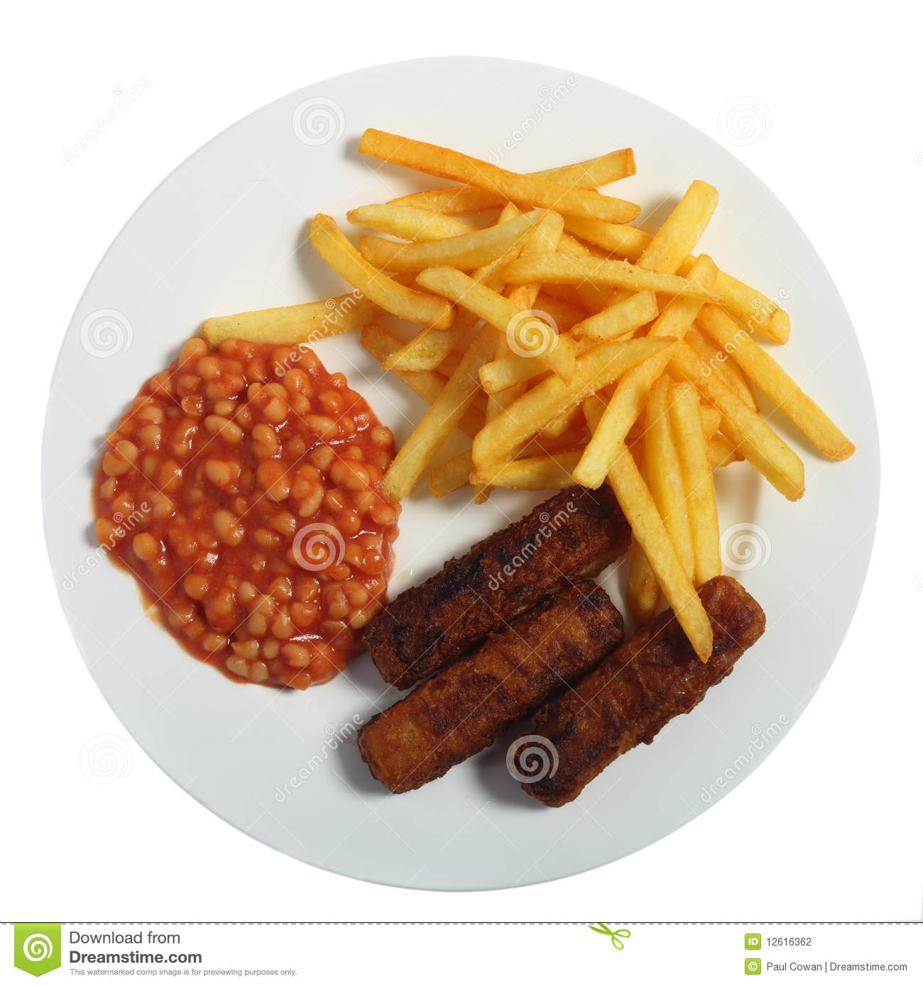 Typical English Fast Food Meal Of Fish Fingers Beans And Chips