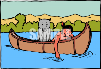 American Indian In Canoe With Wolf Dog   Royalty Free Clipart Image