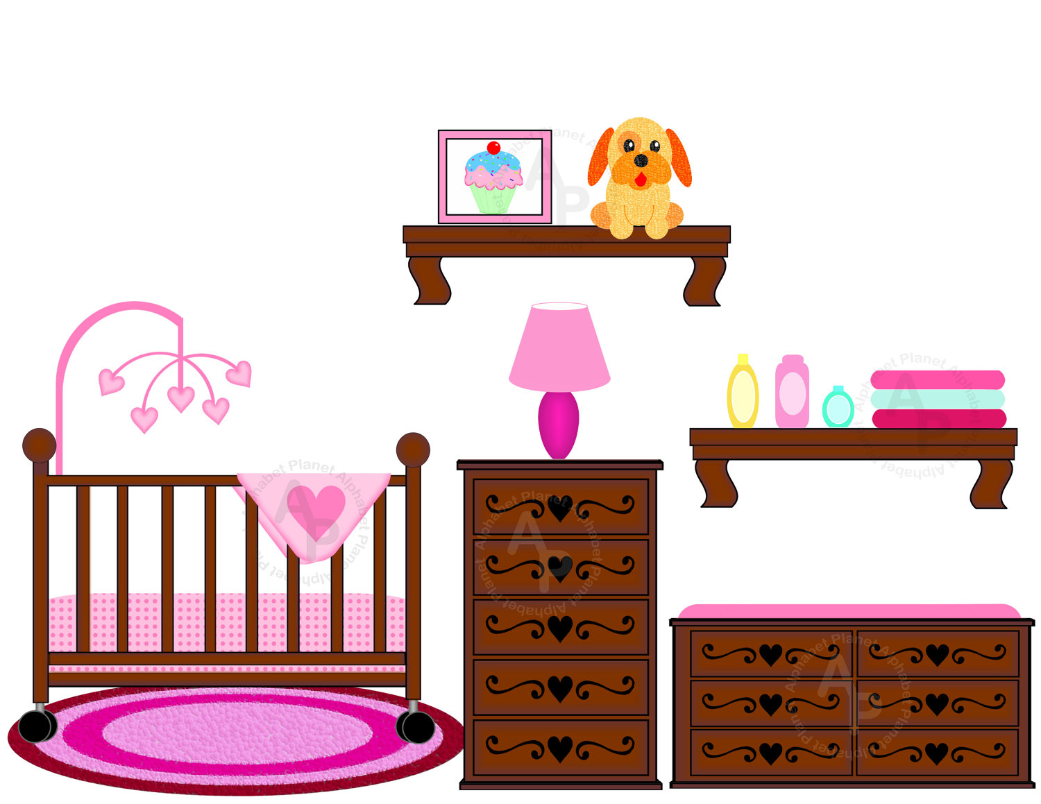 Baby Girl Nursery Crib Changing Table Digital By Sugarpiestudio2
