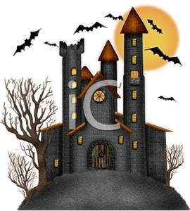 Bats Flying Around A Spooky Castle   Royalty Free Clipart Picture