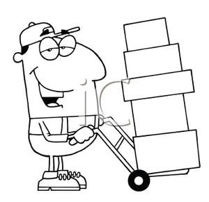 Black And White Cartoon Of A Mover With A Load Of Moving Boxes On A