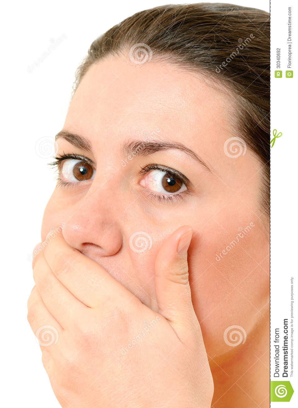 Bright Picture Of Pretty Woman With Hand Over Mouth Stock Photography