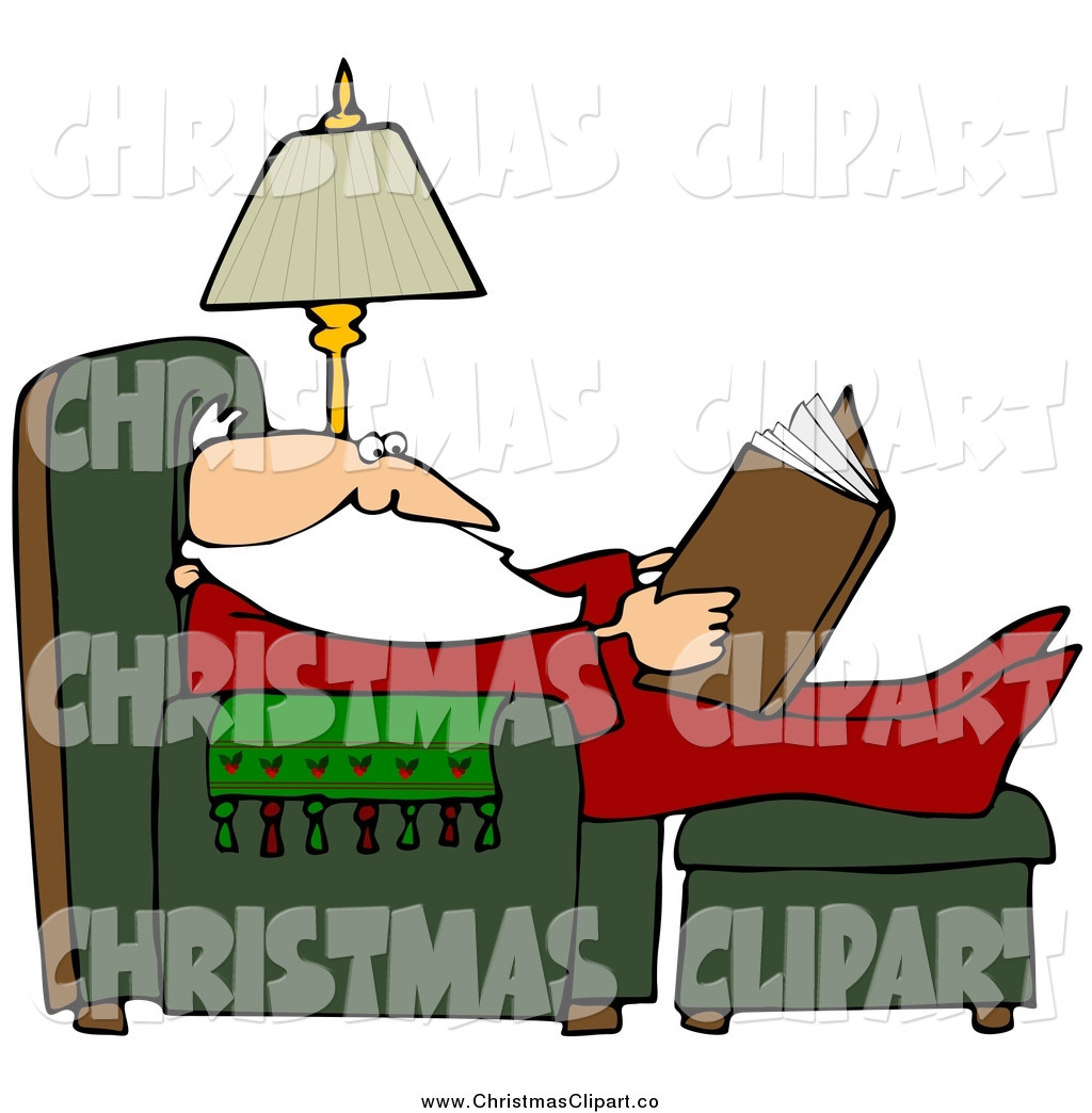 Clipart Of Santa Reading And Resting With His Feet Up In A Chair By