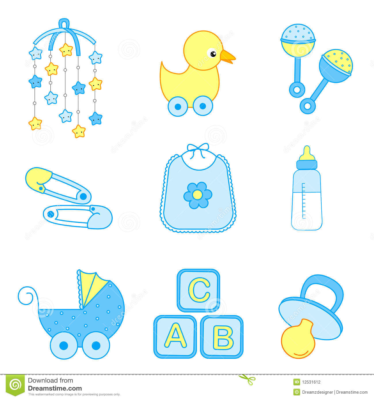Cute Baby Boy Icon Collection Including Bib Carriage Safety Pins