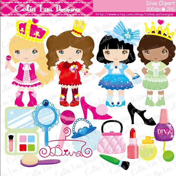 Diva Princess Party Digital Clipart   Little Girls Diva Party Cute    