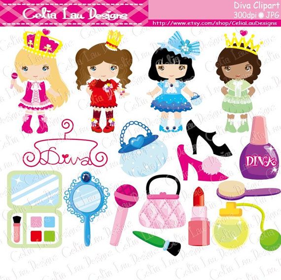 Diva Princess Party Digital Clipart   Little Girls Diva Party Cute Cl    