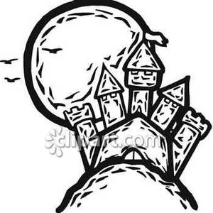 Spooky Black And White Castle Royalty Free Clipart Picture