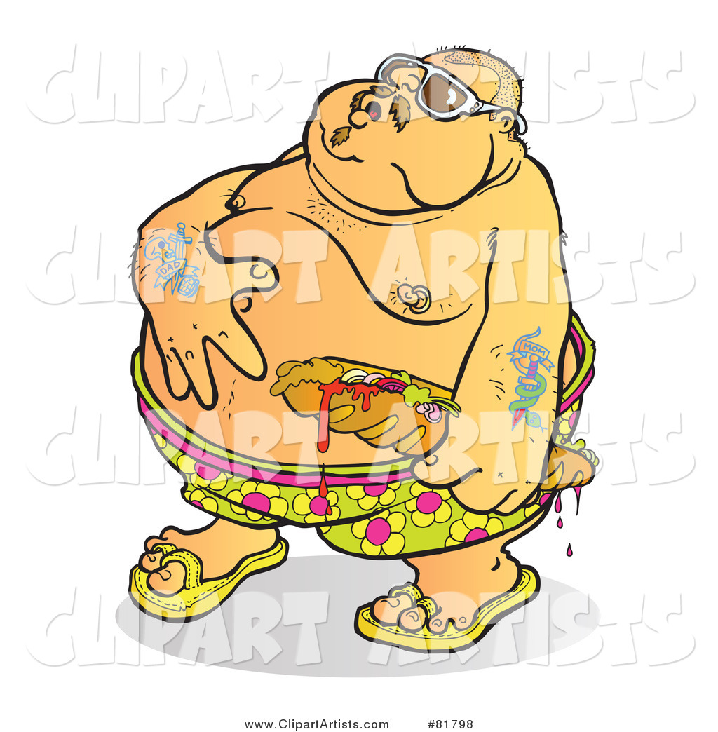 Vector  81798   Fat Tattooed Man Rubbing His Belly And Holding A