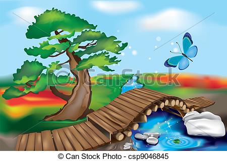 Vector   Wooden Bridge In Zen Landscape   Stock Illustration Royalty