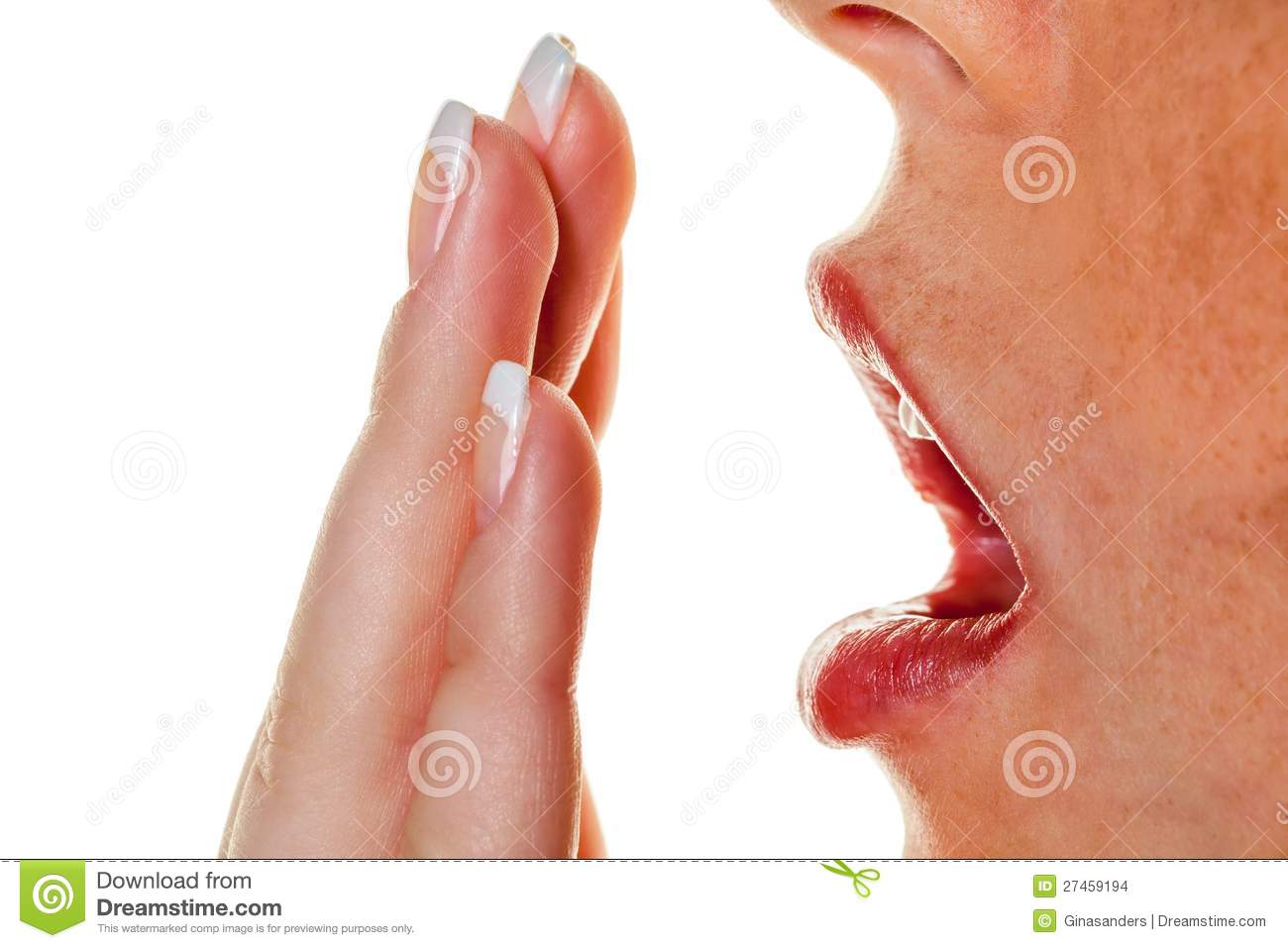Young Woman Holds In Her Hand To Her Mouth To Sneeze  Halitosis And