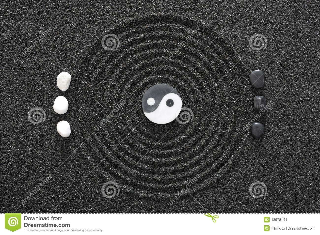 Zen Garden In Black Sand With Yin And Yang 