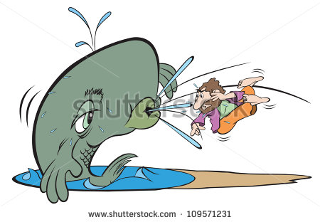 Cartoon Art Of The Whale Spitting Jonah Upon Land   Stock Vector