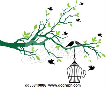 Vector Illustration   Green Spring Tree With Open Birdcage And Kissing