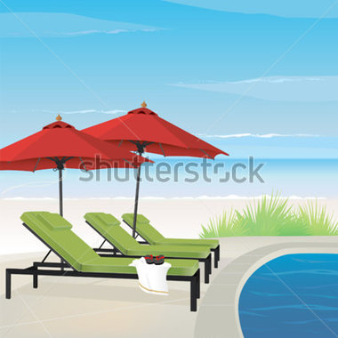 Beach With Pool Lounge Chairs And Umbrellas  Easy Edit Layered File