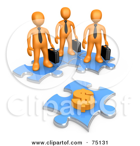 Businessmen Standing On Joined Puzzle Pieces And Looking At A Doll