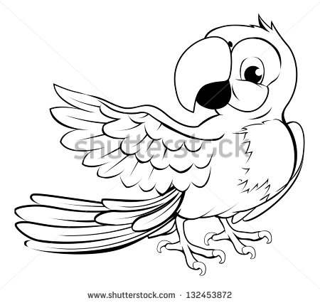 Cartoon Parrot Character In Black Outline Pointing With Its Wing Stock