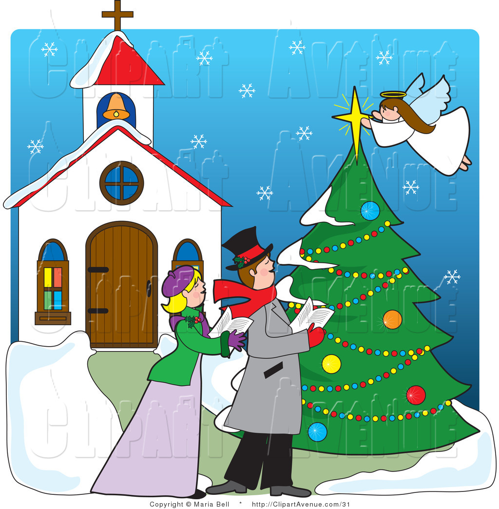 Clipart Of A Christmas Couple Watching An Angel Put A Star On A Tree