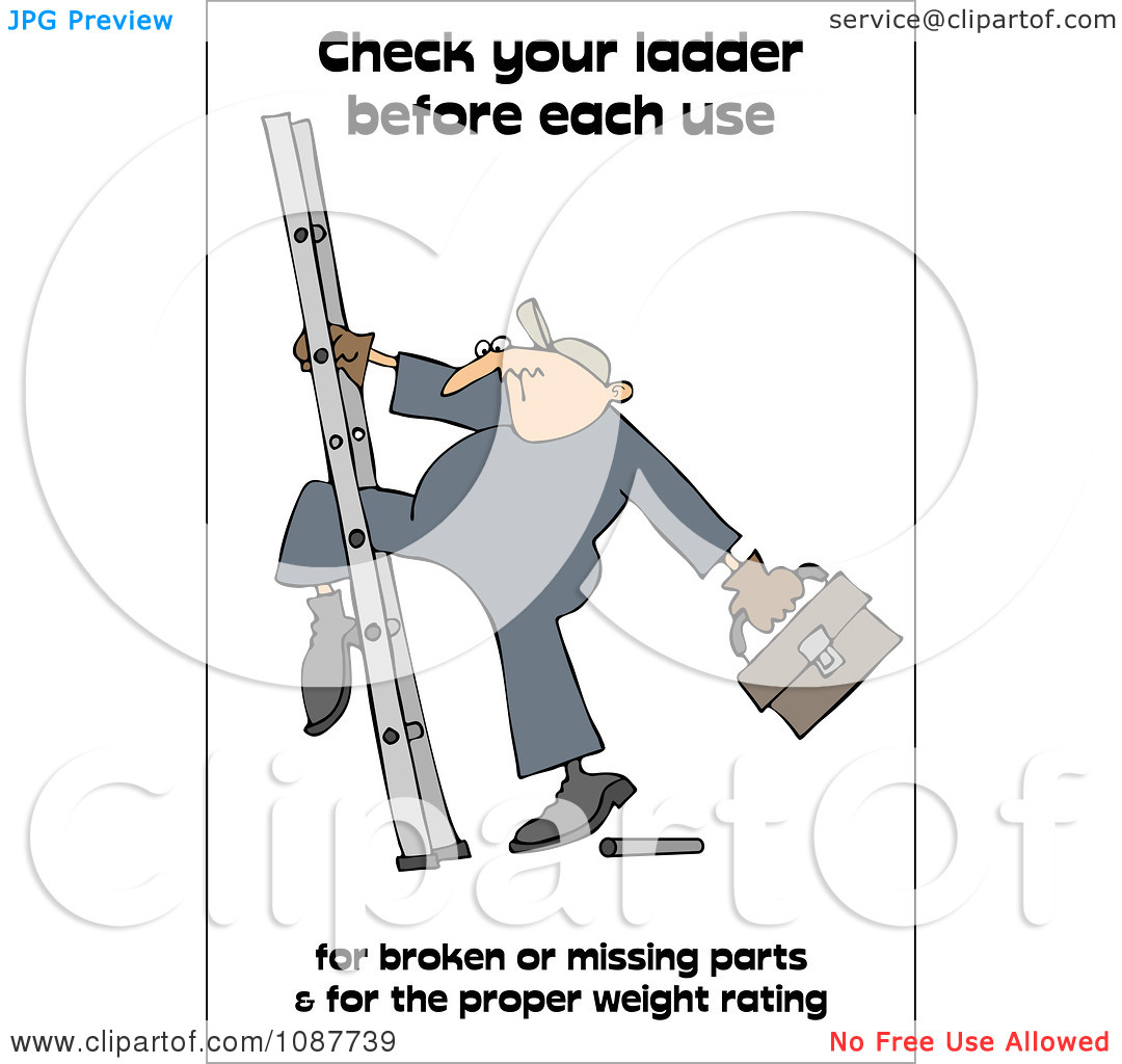 Clipart Worker Climbing A Ladder With A Safety Warning   Royalty Free