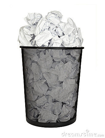 Close Up Of Bin Full Of Waste Paper On White Background With Clipping    