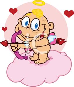 Colorful Cartoon Of A Baby Cupid Floating On A Cloud With A Bow And    