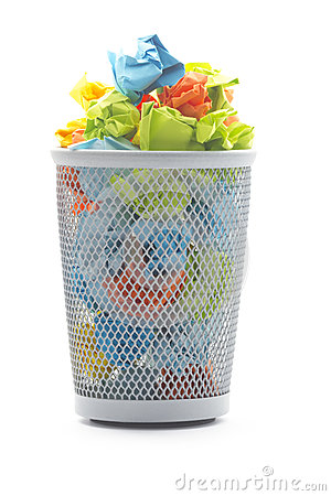 Isolated Office Wastepaper Basket With Colourful Curumbled Paper Ball 