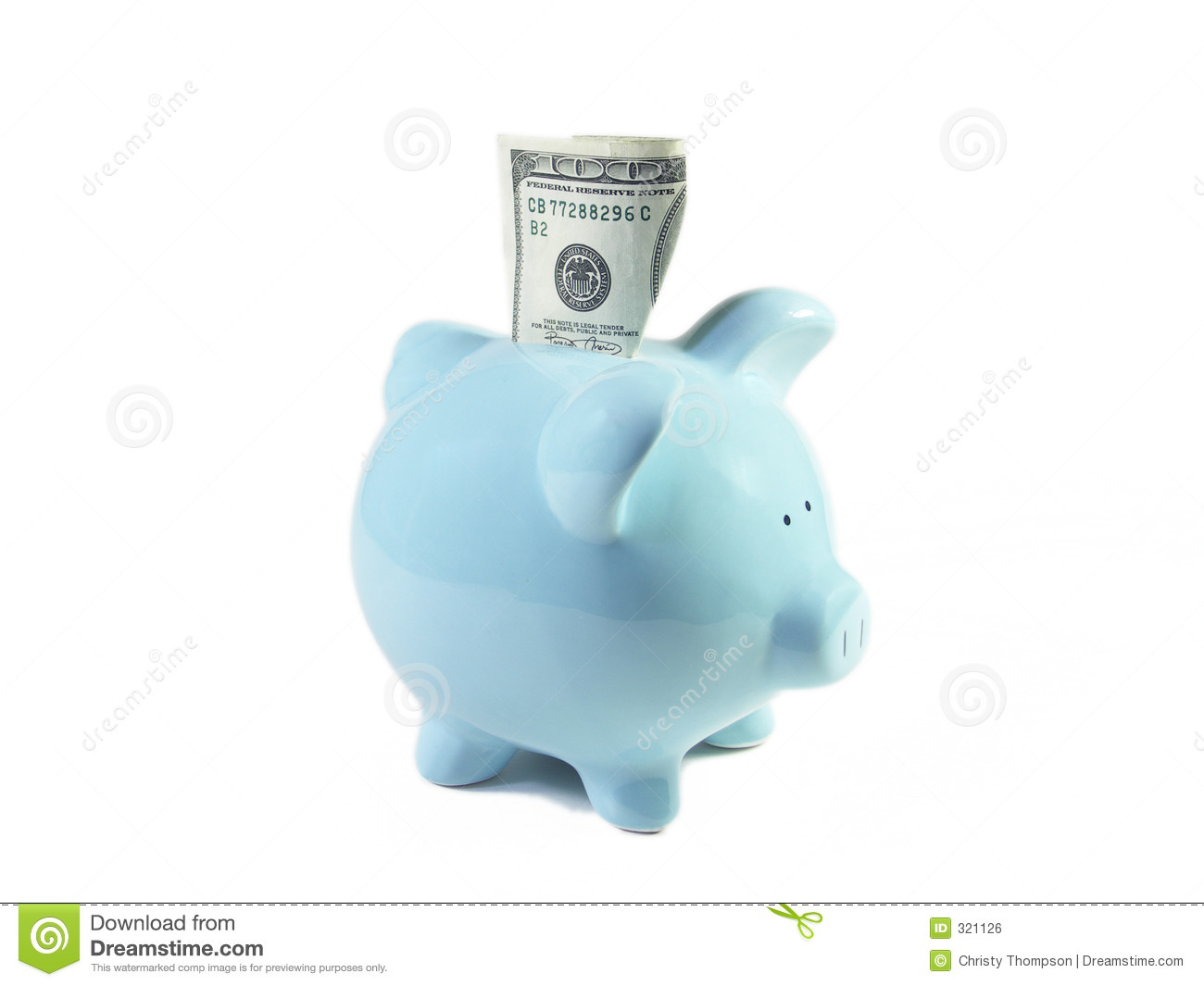 One Hundred Dollar Bill Stuck Partially Into A Blue Ceramic Piggy    