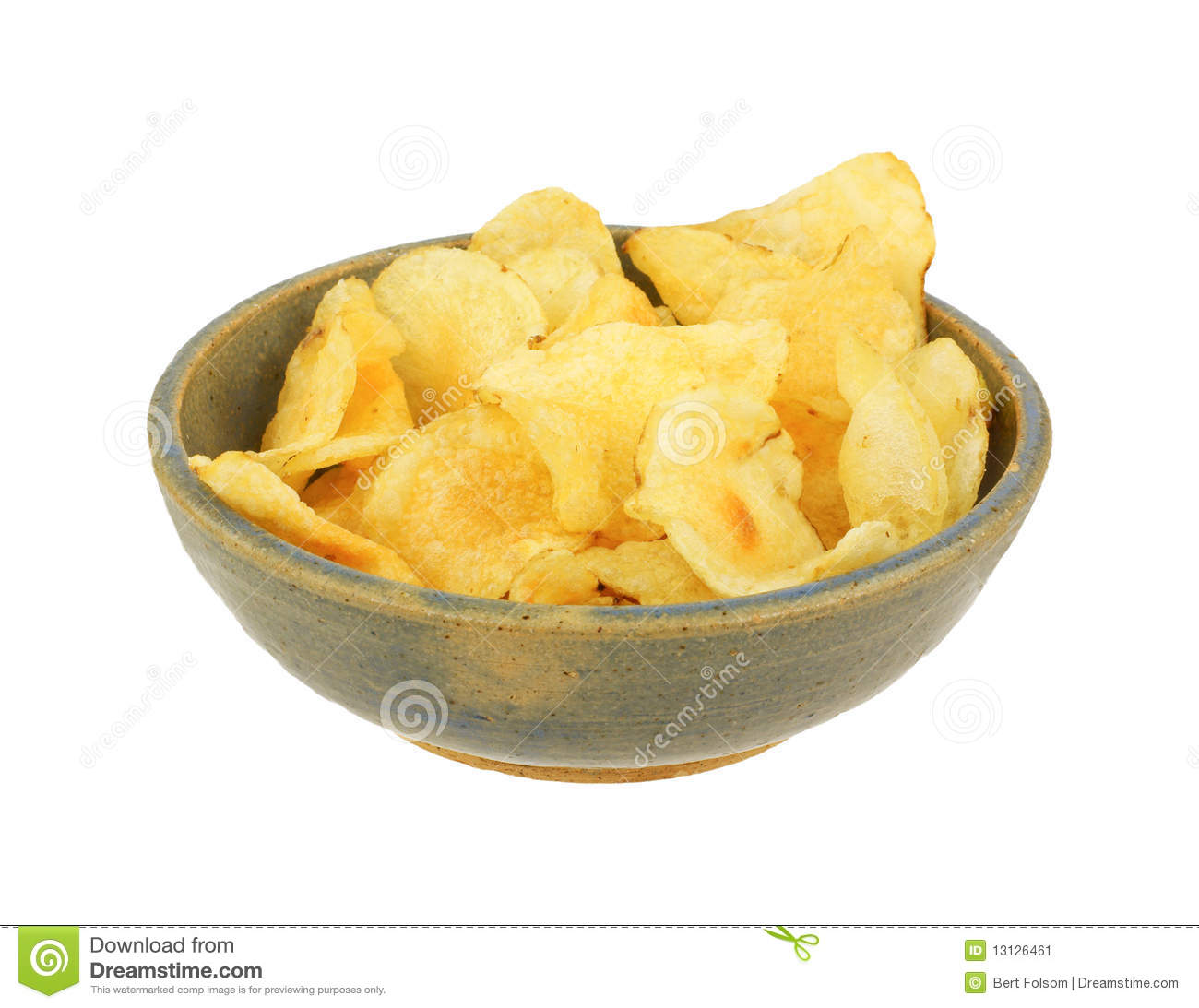     Plain Flavored Potato Chips In An Old Bowl Against A White Background