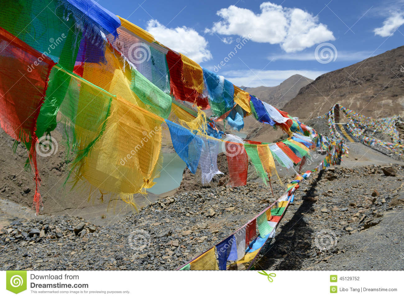 Prayer Flags In Manla Reservoir In Tibet