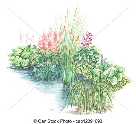 Watercolors Hand Painted Picture Of Garden Design Nearly A Water Body