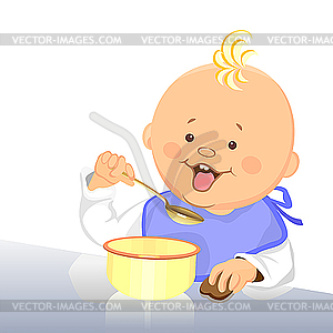 Baby Eats With Spoon From Bowl   Vector Image