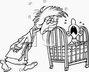 Black And White Cartoon Fatigued Mom Checking On Her Crying Baby    