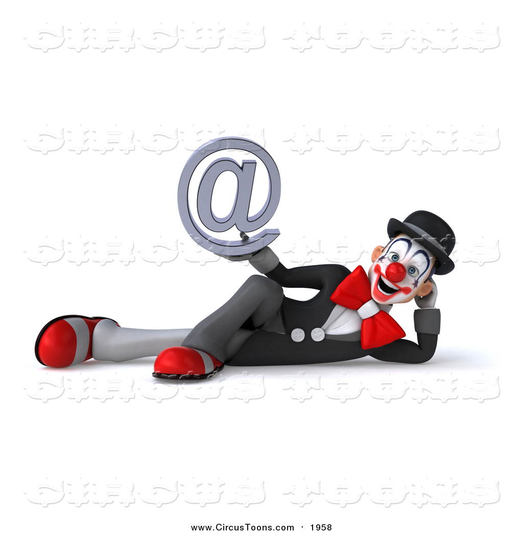 Black Clown Laying On His Side And Holding An Email Arobase At Symbol